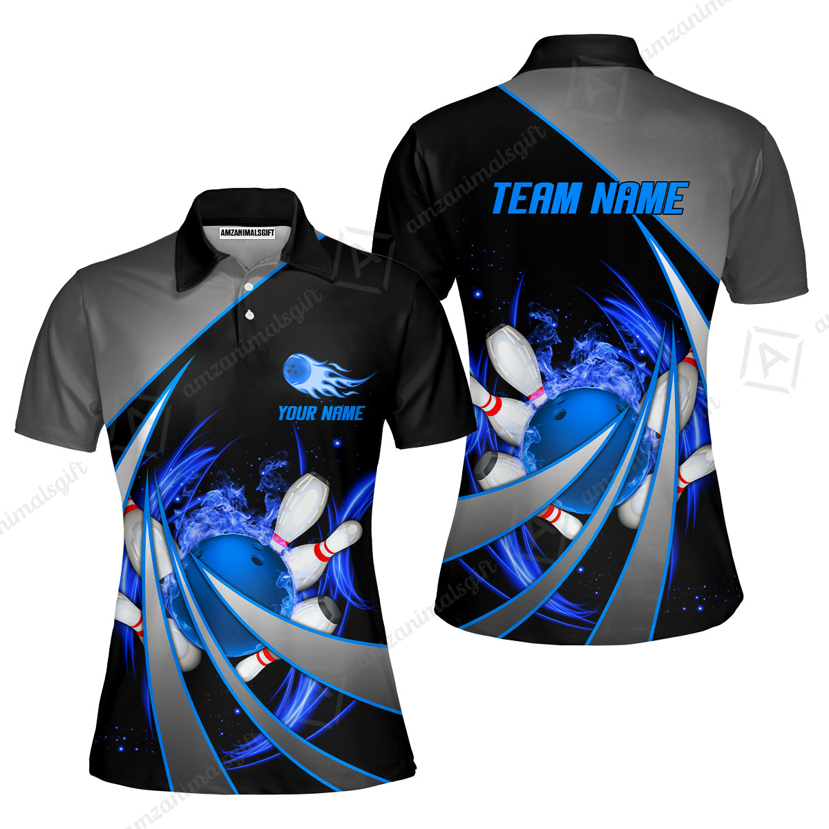 Customized Bowling Unisex Polo, Flame Bowling And Pins Tornado Pattern Multicolor Option Customized Name Zipper Polo Jerseys Shirts