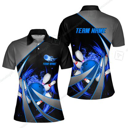 Customized Bowling Unisex Polo, Flame Bowling And Pins Tornado Pattern Multicolor Option Customized Name Zipper Polo Jerseys Shirts