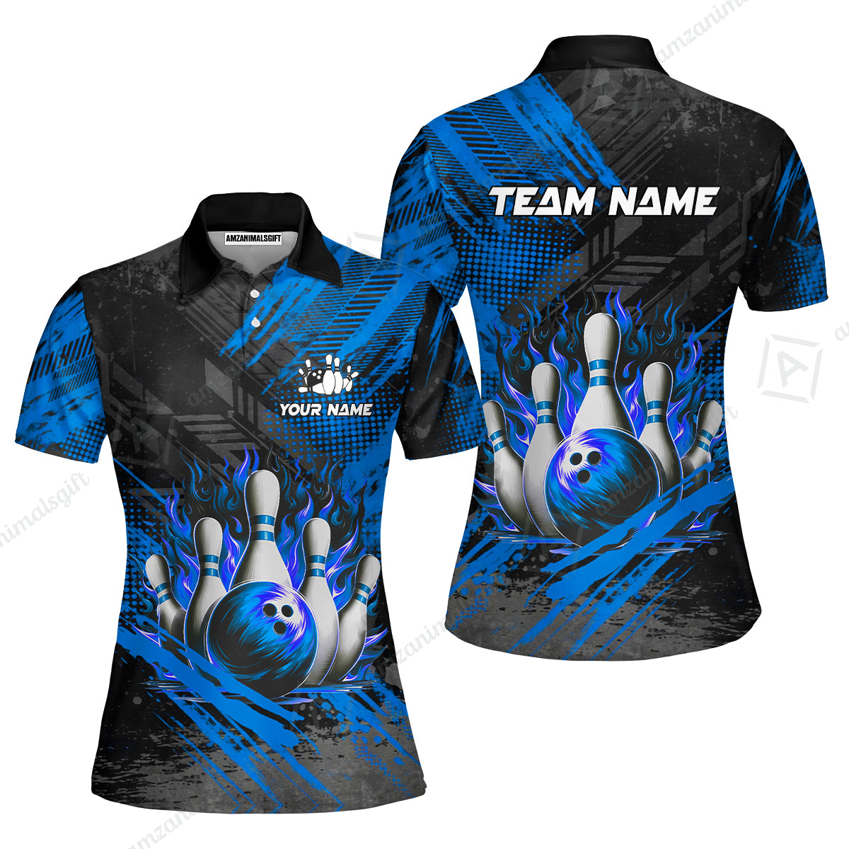 Custom Bowling Team Quarter-Zip Polo Shirt, Personalized Flame Bowling Jersey with Name & Team Name for Men & Women
