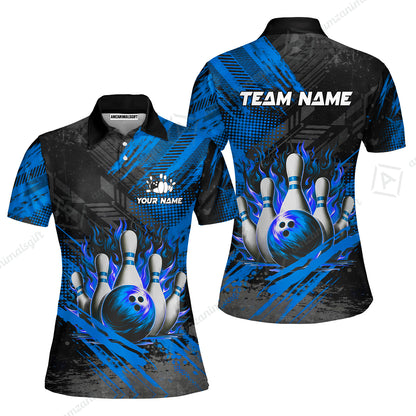 Custom Bowling Team Quarter-Zip Polo Shirt, Personalized Flame Bowling Jersey with Name & Team Name for Men & Women