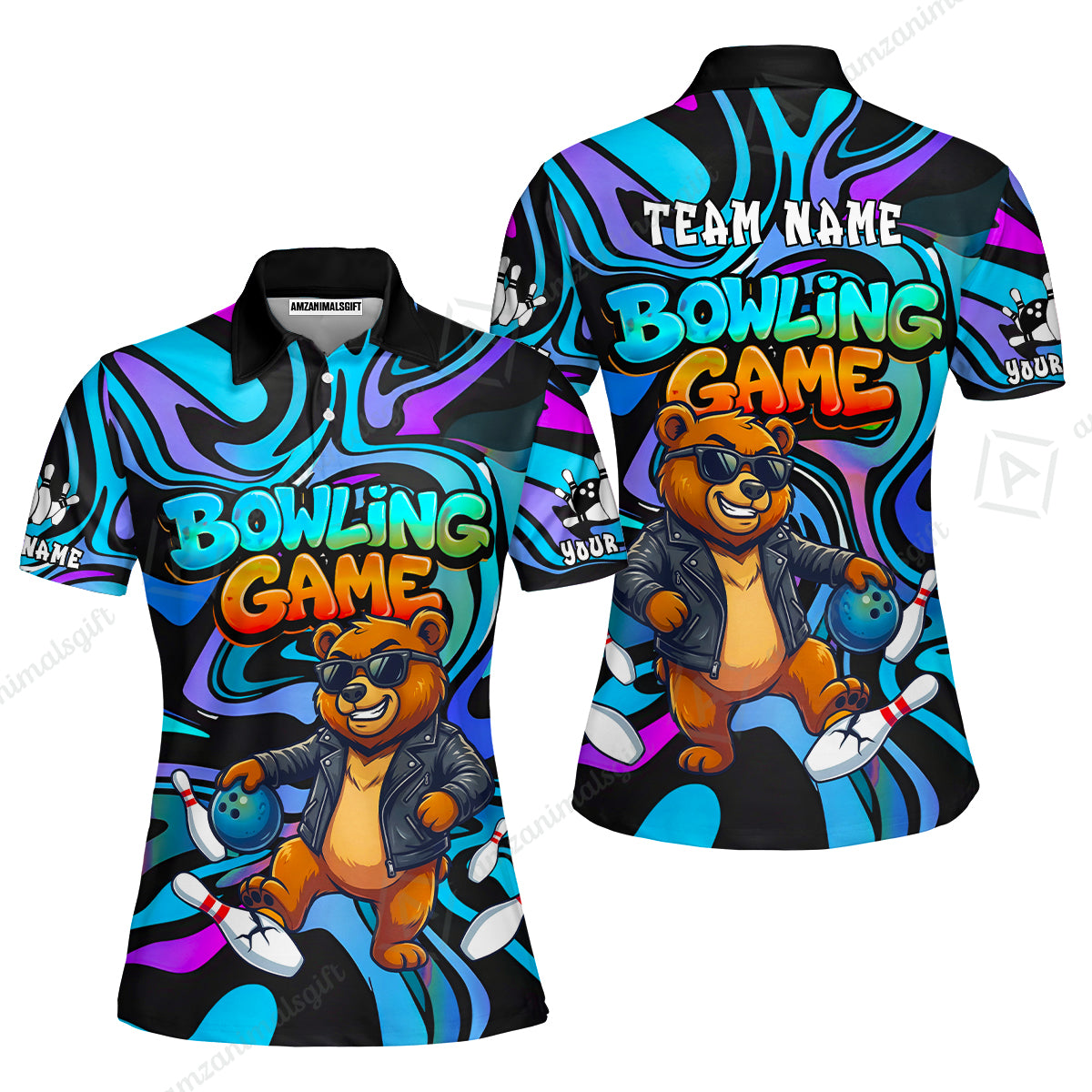 Custom Bowling Jersey Polo Shirt, Trippy Swirl Rocker Bear Graffiti Style, Custom Bowling Jersey Team Shirt For Players With Name & Team Name