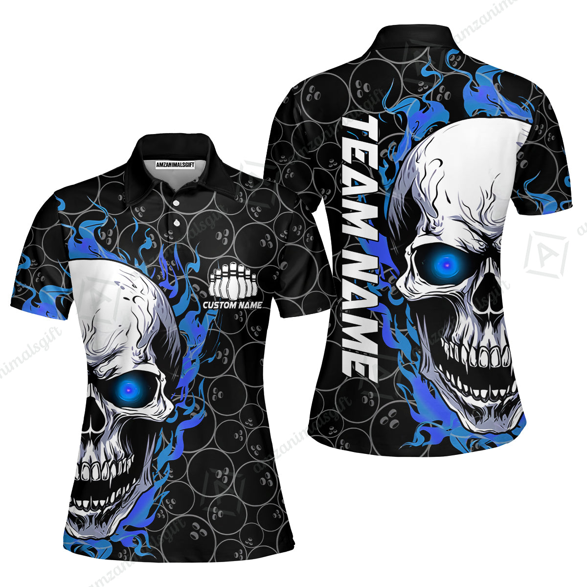 Personalized Bowling Unisex Polo Shirt, Green Flaming Skull Shirt For For Team Men Women Bowlers