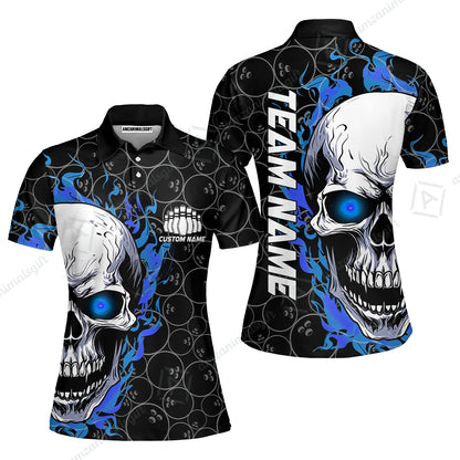 Personalized Bowling Unisex Polo Shirt, Green Flaming Skull Shirt For For Team Men Women Bowlers