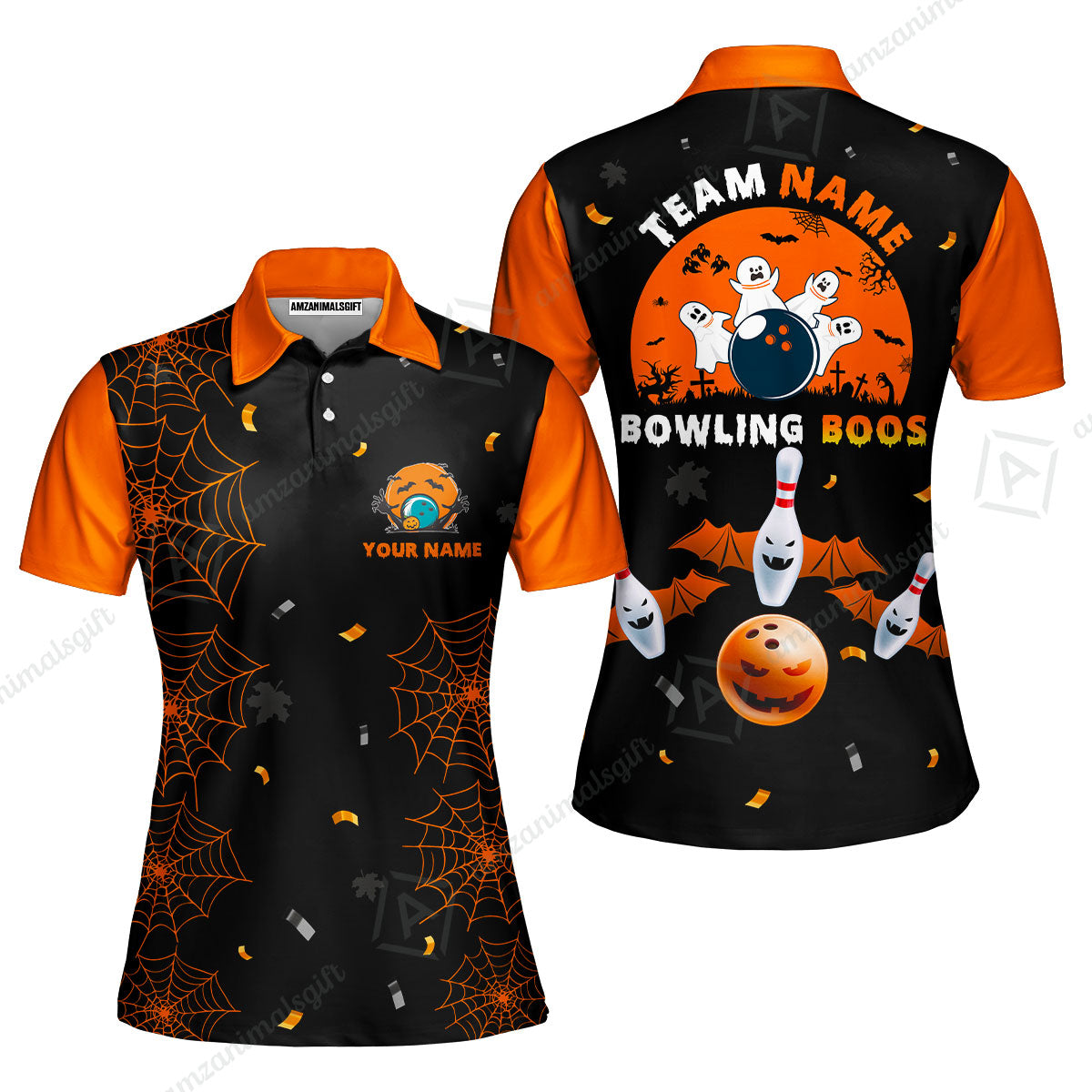 Customized Bowling Ball Halloween Moon Bowling Women Polo Shirts, Bowling uniforms Bowling And Boos Funny Halloween Ghost Quarter-Zip Polo Shirts