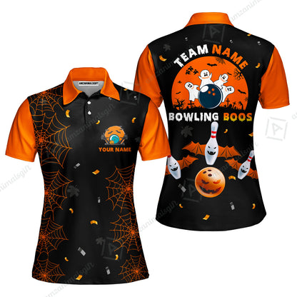 Customized Bowling Ball Halloween Moon Bowling Women Polo Shirts, Bowling uniforms Bowling And Boos Funny Halloween Ghost Quarter-Zip Polo Shirts