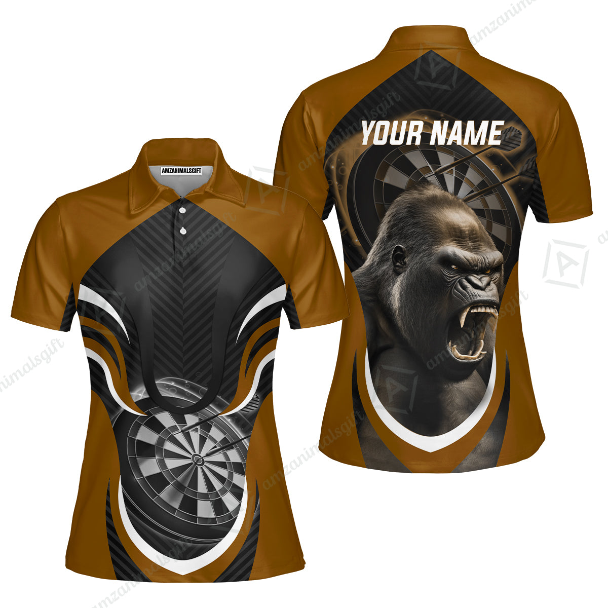 Gorilla And Darts Custom Name Men Polo Shirt, Bullseye Dartboard Brown Personalized Men Polo Shirt Gift For Darts Lovers, Team, Friends