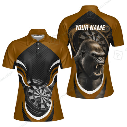 Gorilla And Darts Custom Name Men Polo Shirt, Bullseye Dartboard Brown Personalized Men Polo Shirt Gift For Darts Lovers, Team, Friends