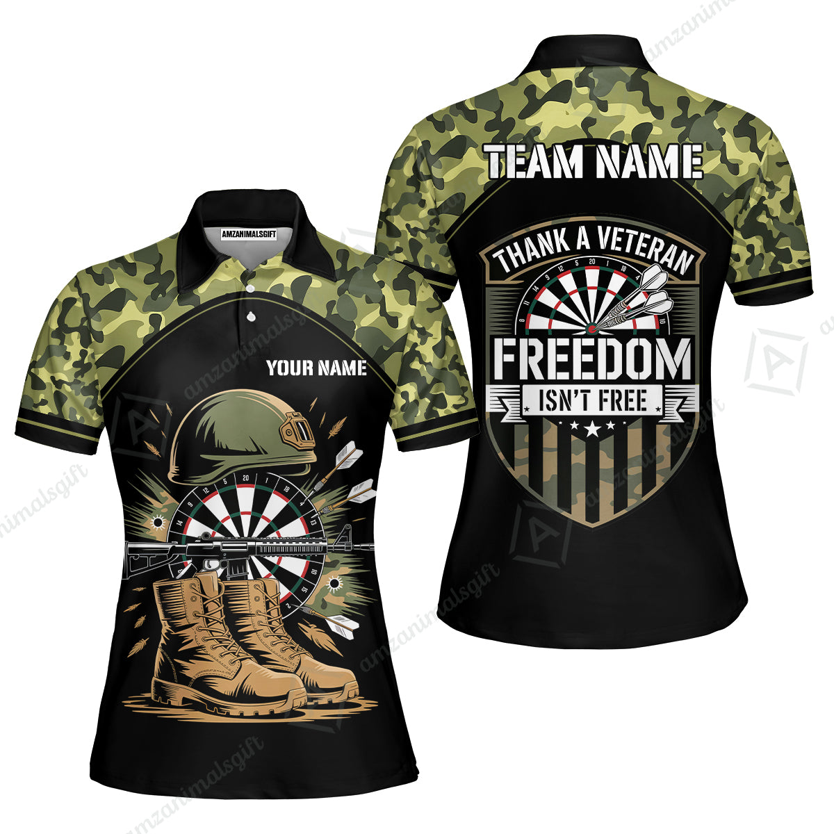 Custom Military Green Camouflage Dartboard Collar Quater-Zip Jersey Team Shirts, Customized Name Team Name Darts Team Jerseys Uniform