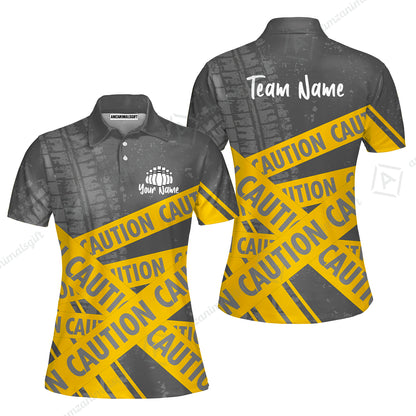 Custom Caution tape Bowling Team Jerseys Polo Shirts, Bright Yellow CAUTION Tape Bowling uniforms - Bowling Personalized Name And Team Name