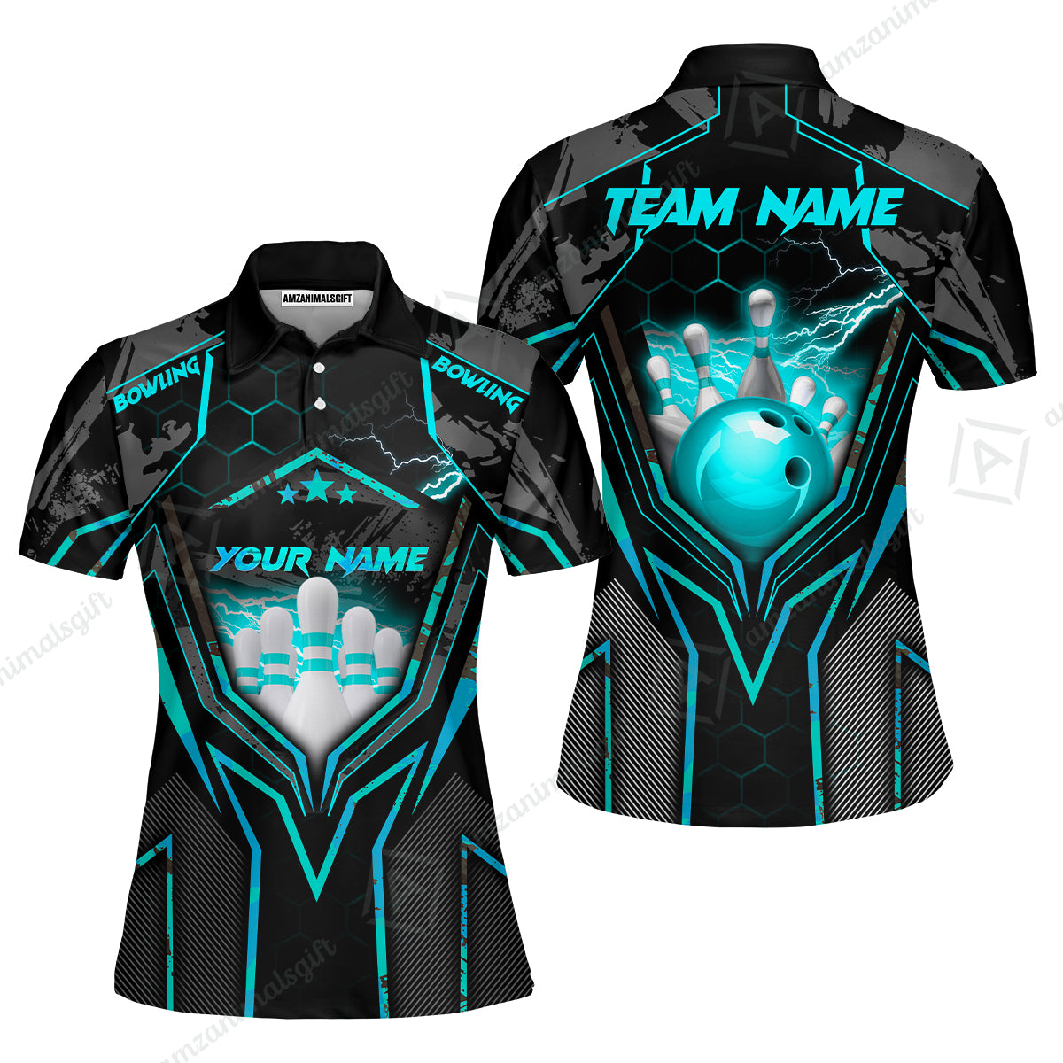 Customized Bowling Jersey, Bowling And Pins Abstract Grunge Texture X Multicolor Option Customized Name And Team Name Zipper Polo Jerseys Shirts