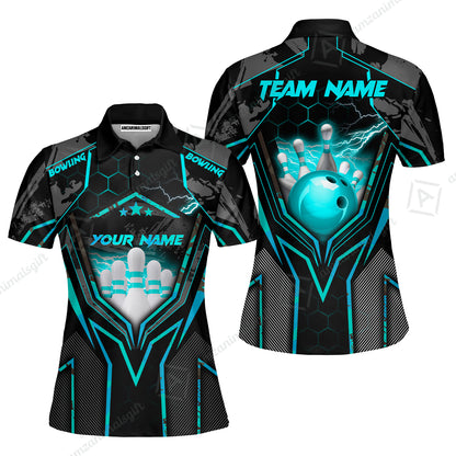 Customized Bowling Jersey, Bowling And Pins Abstract Grunge Texture X Multicolor Option Customized Name And Team Name Zipper Polo Jerseys Shirts