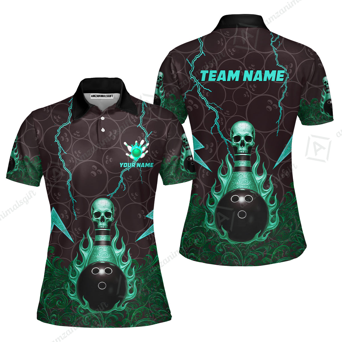 Custom Bowling Team Unisex Polo Shirt, Thunder Skull Strike Personalized Team Shirt, Custom Name and Team Name for Bowlers