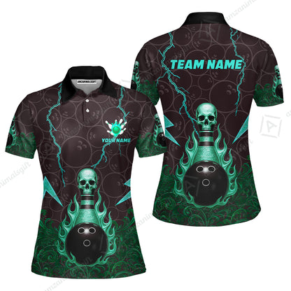 Custom Bowling Team Unisex Polo Shirt, Thunder Skull Strike Personalized Team Shirt, Custom Name and Team Name for Bowlers