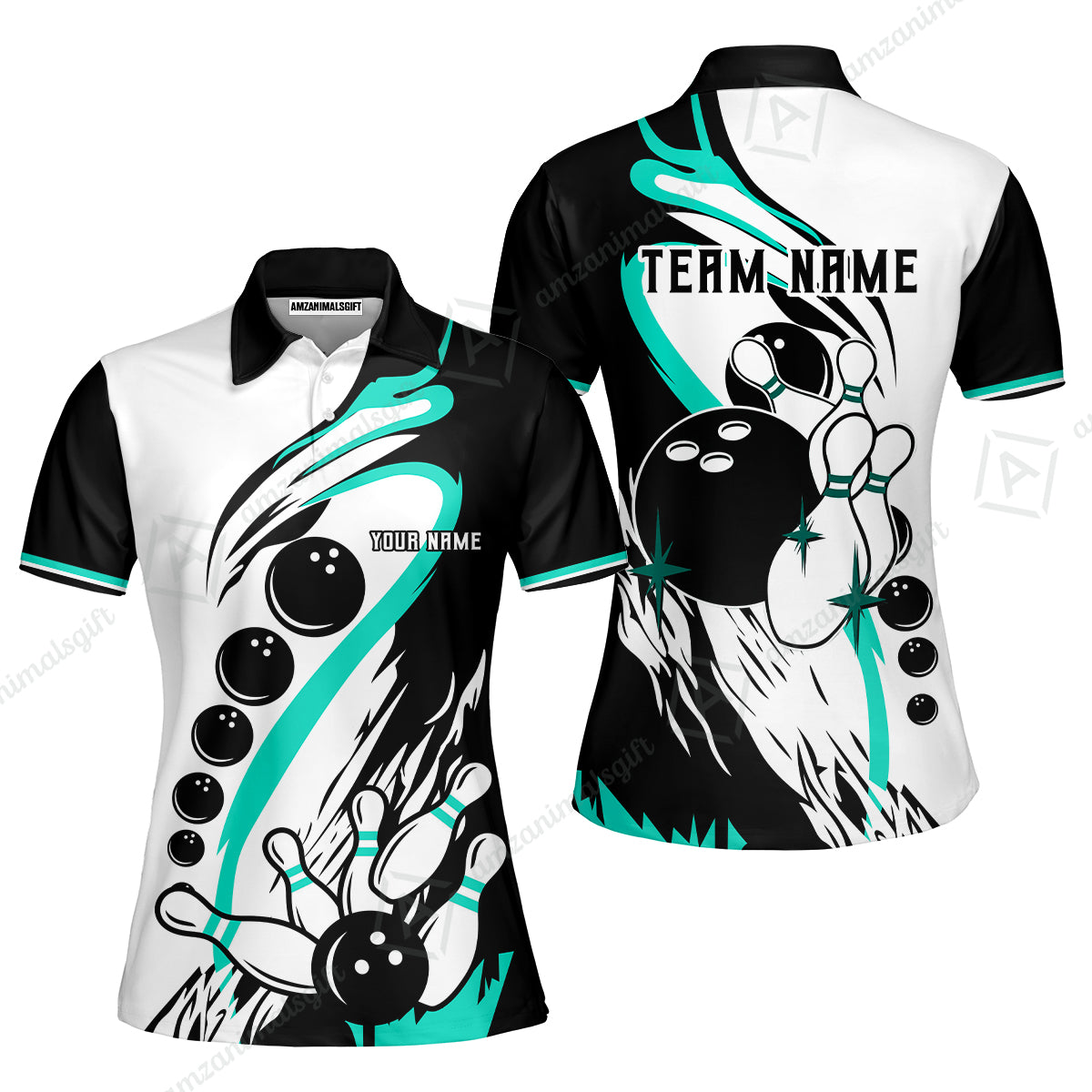 Custom Purple Turquoise Retro Bowling League Jersey, Custom Bowling Team Jerseys Polo Shirts, Custom Bowling Uniforms Jerseys