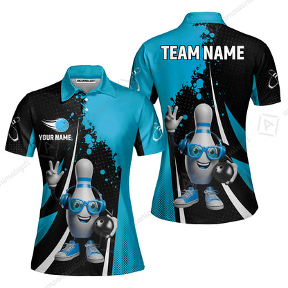 Customized Bowling Unisex Polo Shirt, Halftone Bowling Pin Wearing Headphones Sunglasses, Personalized Name And Team Name
