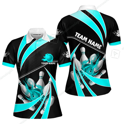 Customized Bowling Women Polo Shirt, Bowling Ball & Pins Fire Light Sport Women Polo Shirt Multicolor Option For Bowlers