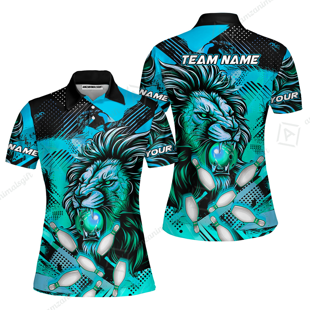 Custom Bowling Team Jerseys Shirts, Bowling uniforms Ball & Pins Lion Pattern Personalized Name And Team Name
