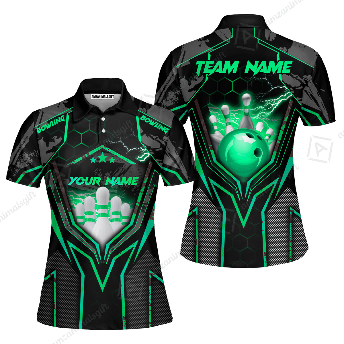 Customized Bowling Jersey, Bowling And Pins Abstract Grunge Texture X Multicolor Option Customized Name And Team Name Zipper Polo Jerseys Shirts