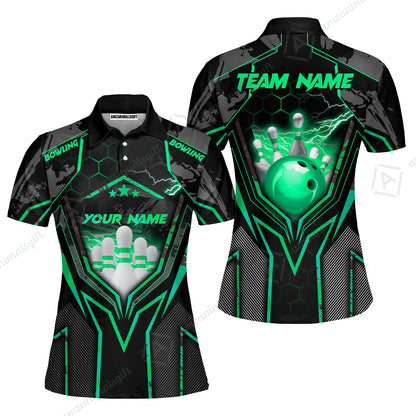Customized Bowling Jersey, Bowling And Pins Abstract Grunge Texture X Multicolor Option Customized Name And Team Name Zipper Polo Jerseys Shirts