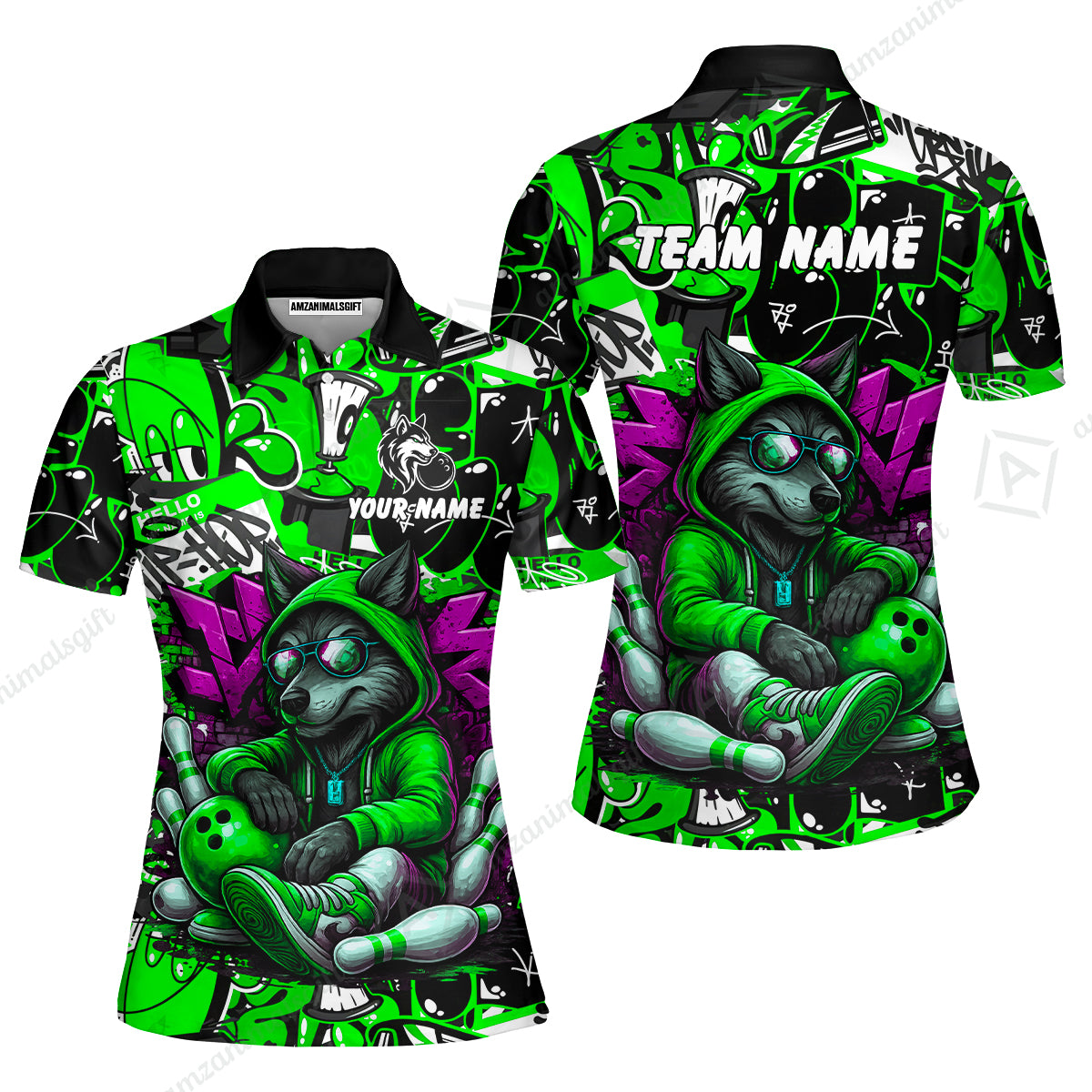 Custom Bowling Jersey Polo Shirt, Badass Wolf Mascot Bowling, Custom Bowling Jersey Team Shirt For Players With Name & Team Name