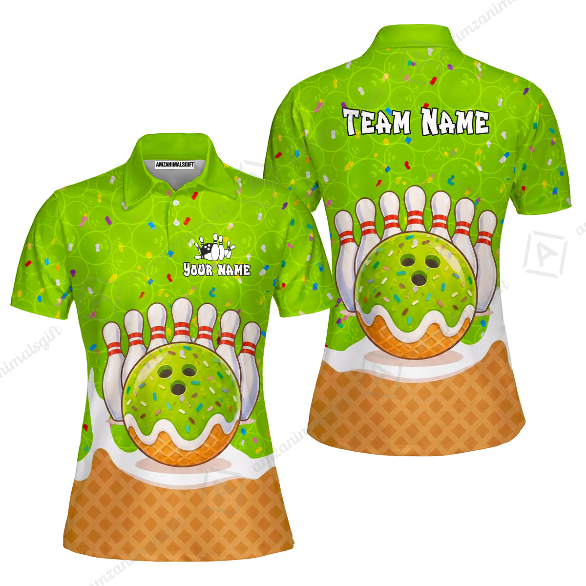 Custom Bowling Jersey Polo Shirt, Bowling Sprinkles Ice Cream Cone, Personalized Name & Team Name