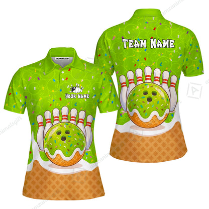 Custom Bowling Jersey Polo Shirt, Bowling Sprinkles Ice Cream Cone, Personalized Name & Team Name