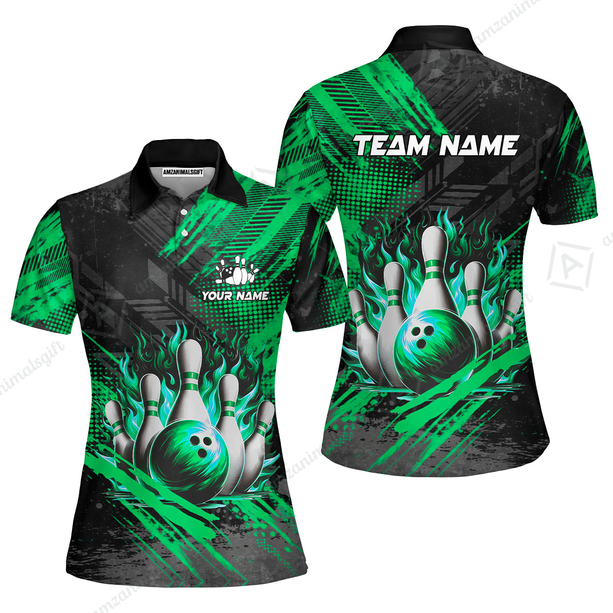 Custom Bowling Team Quarter-Zip Polo Shirt, Personalized Flame Bowling Jersey with Name & Team Name for Men & Women