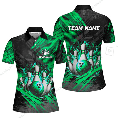 Custom Bowling Team Quarter-Zip Polo Shirt, Personalized Flame Bowling Jersey with Name & Team Name for Men & Women