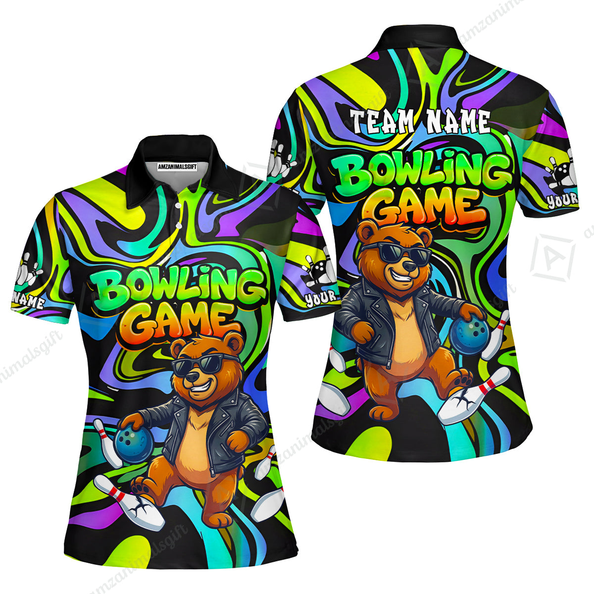 Custom Bowling Jersey Polo Shirt, Trippy Swirl Rocker Bear Graffiti Style, Custom Bowling Jersey Team Shirt For Players With Name & Team Name