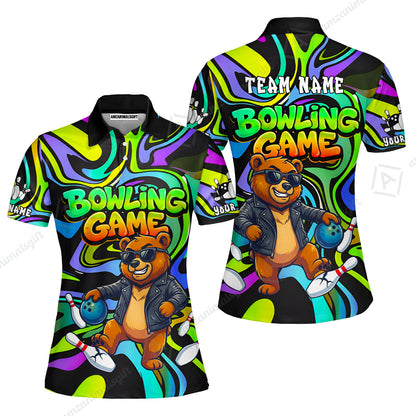 Custom Bowling Jersey Polo Shirt, Trippy Swirl Rocker Bear Graffiti Style, Custom Bowling Jersey Team Shirt For Players With Name & Team Name