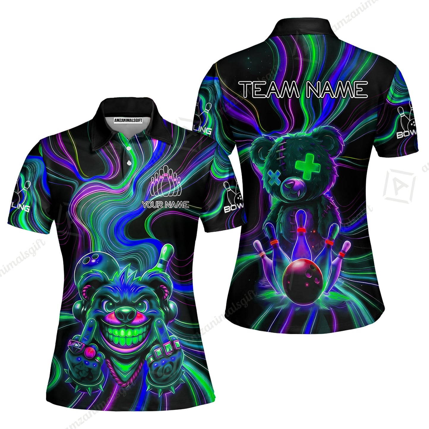 Customized Bowling Unisex Polo Shirt, Crazy Neon Bear Bowling Strike, Bowling Uniform - Personalized Name And Team Name