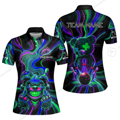 Customized Bowling Unisex Polo Shirt, Crazy Neon Bear Bowling Strike, Bowling Uniform - Personalized Name And Team Name