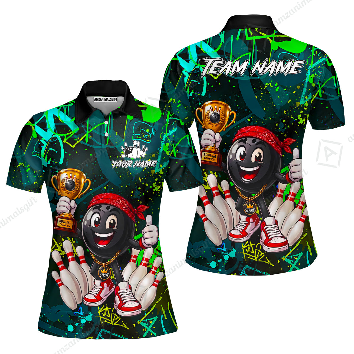 Custom Bowling Jersey Polo Shirt, Graffiti Champion, Custom Bowling Jersey Team Shirt For Players With Name & Team Name