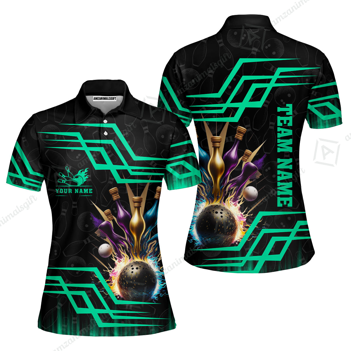 Customized Bowling Unisex Polo, Bowling And Pins Royal Multicolor Option Customized Name And Team Name For Bowling Team