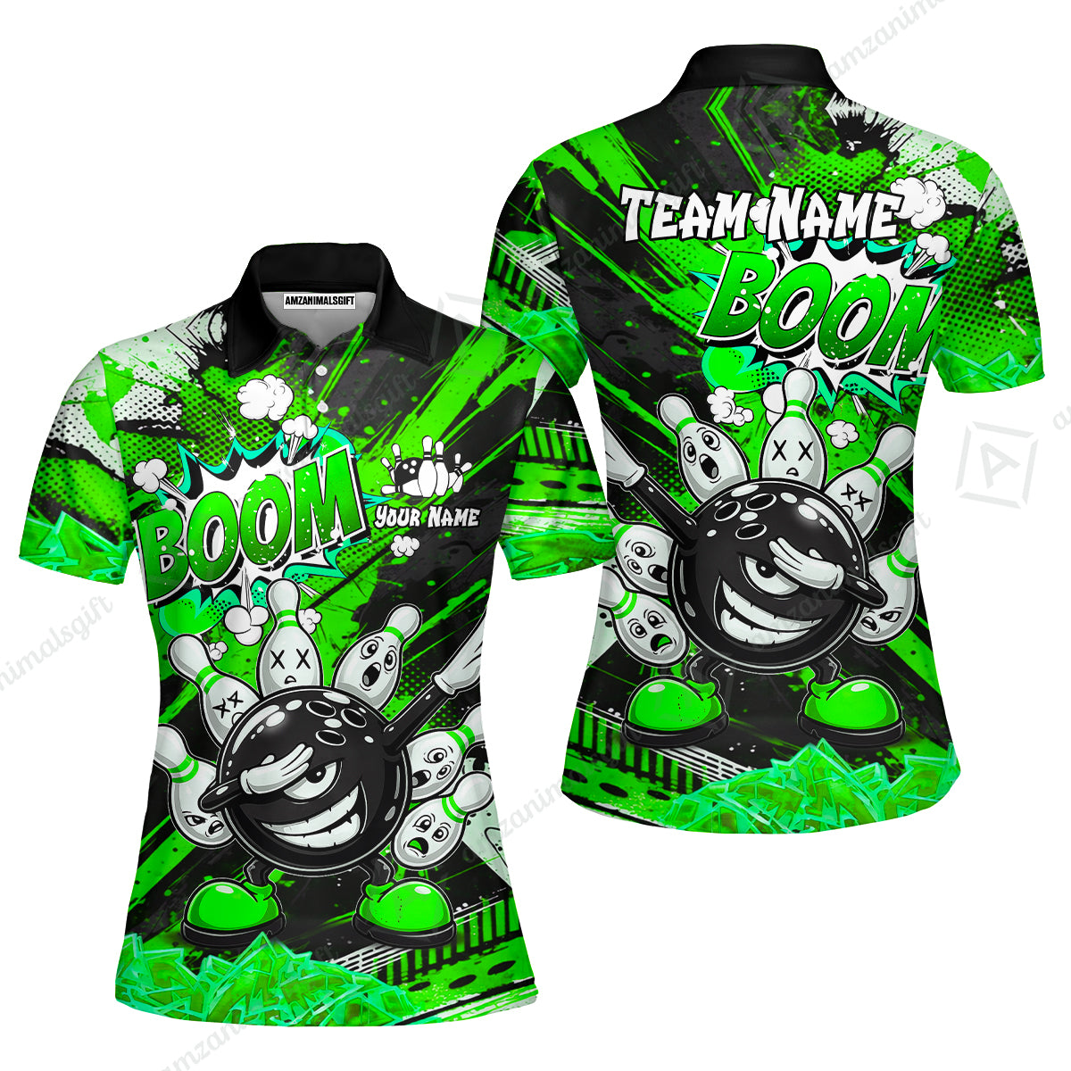 Customized Bowling Unisex Polo Shirt, Boom Bowling Angry Ball Screaming Pins, Personalized Name And Team Name For Bowlers