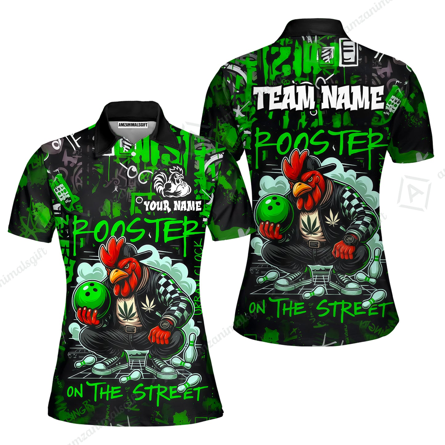 Customized Bowling Unisex Polo Shirt, Urban Streetwear Chicken Bowling Rooster On The Street, Personalized Name Team Name