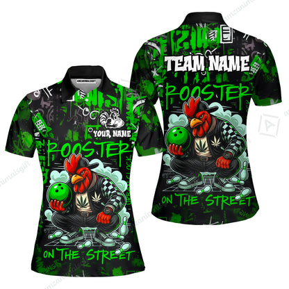 Customized Bowling Unisex Polo Shirt, Urban Streetwear Chicken Bowling Rooster On The Street, Personalized Name Team Name