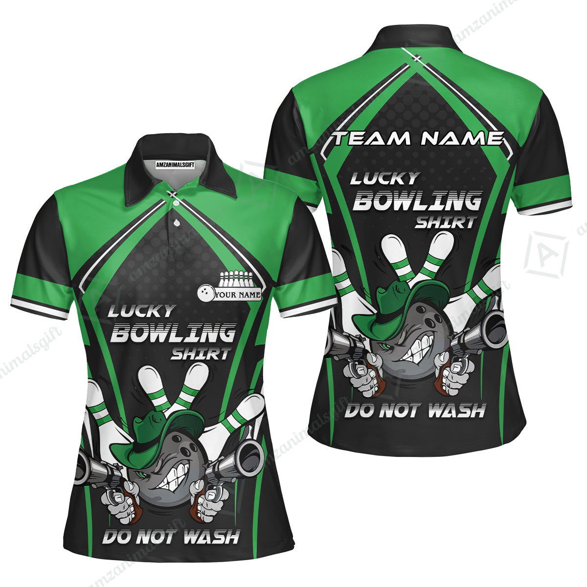 Customized Bowling Team Women Polo Shirt, Lucky Bowling Shirt Do Not Wash Bowling Ball Aiming Guns, Personalized Name Bowling Shirt