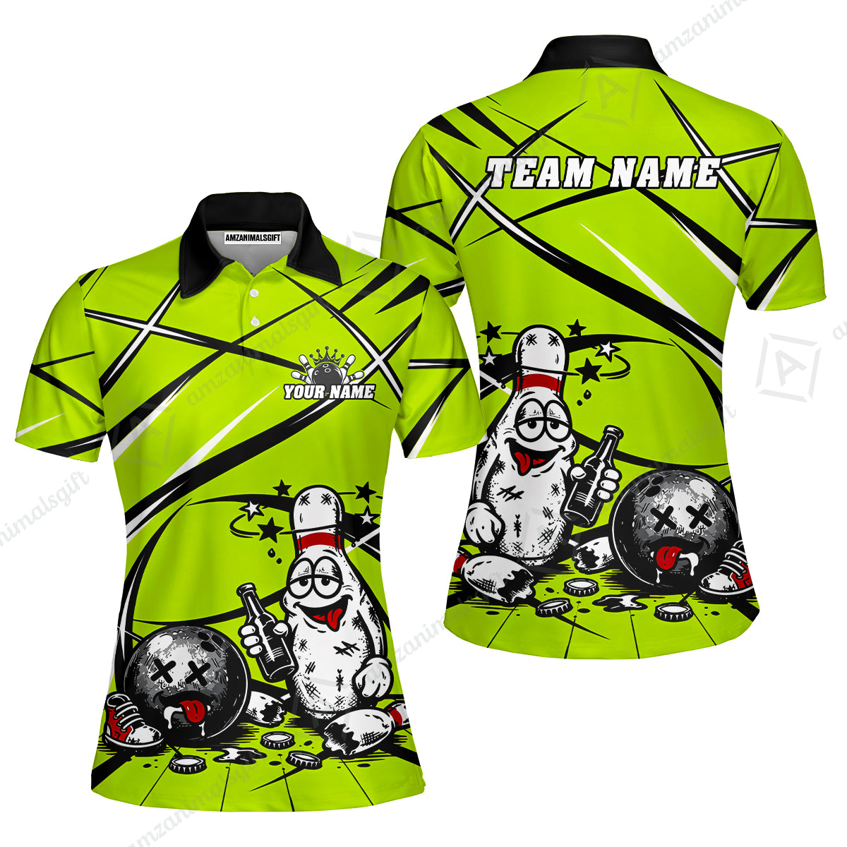 Custom Bowling Jersey Polo Shirt, Drunk Bowling Pin And Ball, Custom Bowling Jersey Team Shirt For Players With Name & Team Name