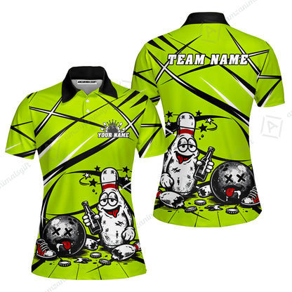 Custom Bowling Jersey Polo Shirt, Drunk Bowling Pin And Ball, Custom Bowling Jersey Team Shirt For Players With Name & Team Name