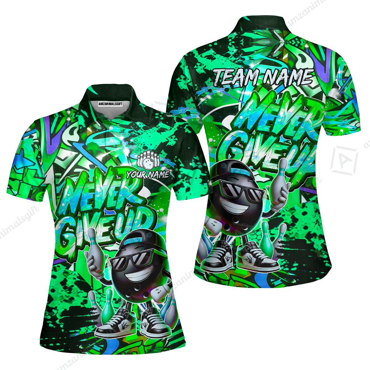 Customized Bowling Unisex Polo Shirt, Graffiti Bowling Funny Never Give Up Bowling Uniform, Personalized Name And Team Name