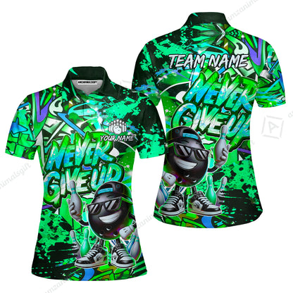Customized Bowling Unisex Polo Shirt, Graffiti Bowling Funny Never Give Up Bowling Uniform, Personalized Name And Team Name