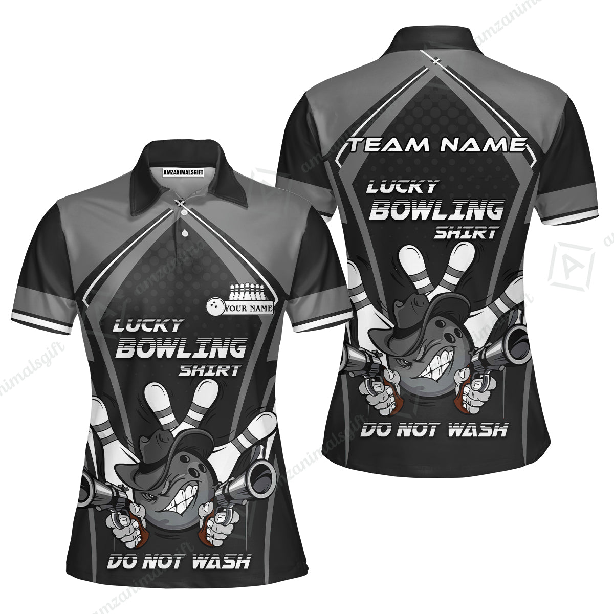 Customized Bowling Team Women Polo Shirt, Lucky Bowling Shirt Do Not Wash Bowling Ball Aiming Guns, Personalized Name Bowling Shirt