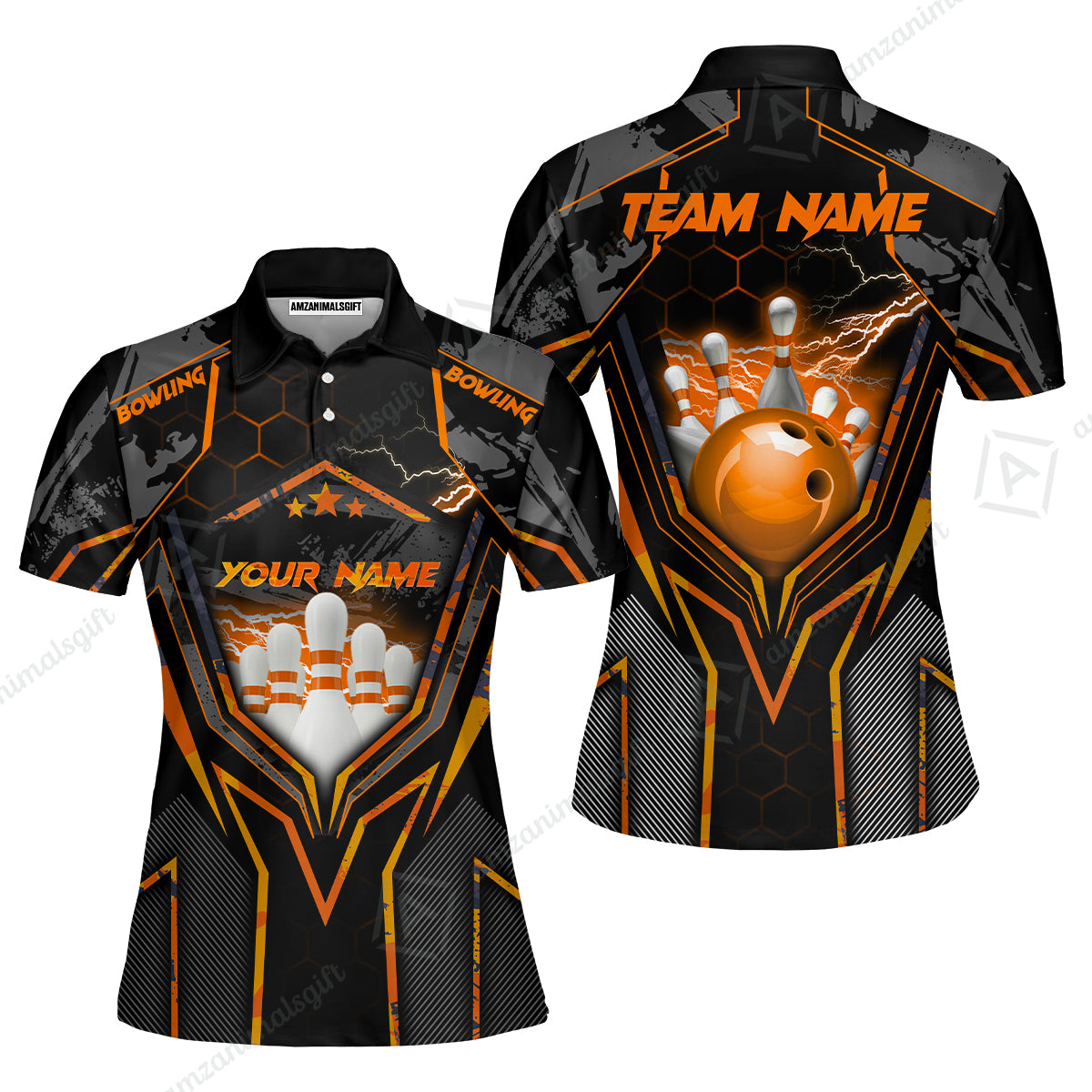 Customized Bowling Jersey, Bowling And Pins Abstract Grunge Texture X Multicolor Option Customized Name And Team Name Zipper Polo Jerseys Shirts
