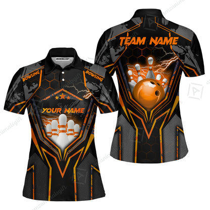 Customized Bowling Jersey, Bowling And Pins Abstract Grunge Texture X Multicolor Option Customized Name And Team Name Zipper Polo Jerseys Shirts