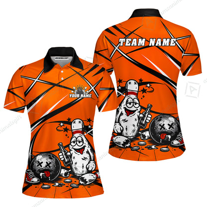 Custom Bowling Jersey Polo Shirt, Drunk Bowling Pin And Ball, Custom Bowling Jersey Team Shirt For Players With Name & Team Name