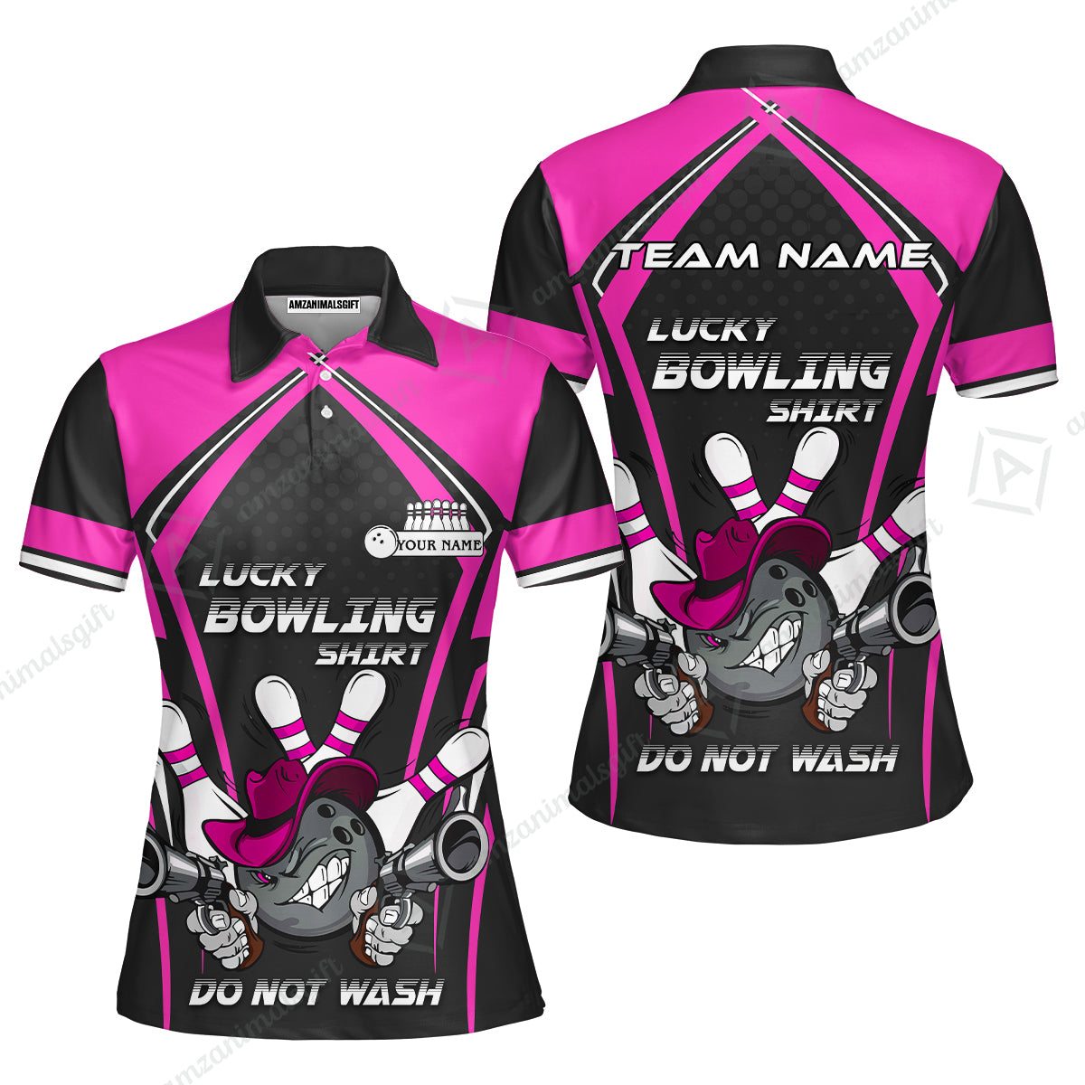 Customized Bowling Team Women Polo Shirt, Lucky Bowling Shirt Do Not Wash Bowling Ball Aiming Guns, Personalized Name Bowling Shirt