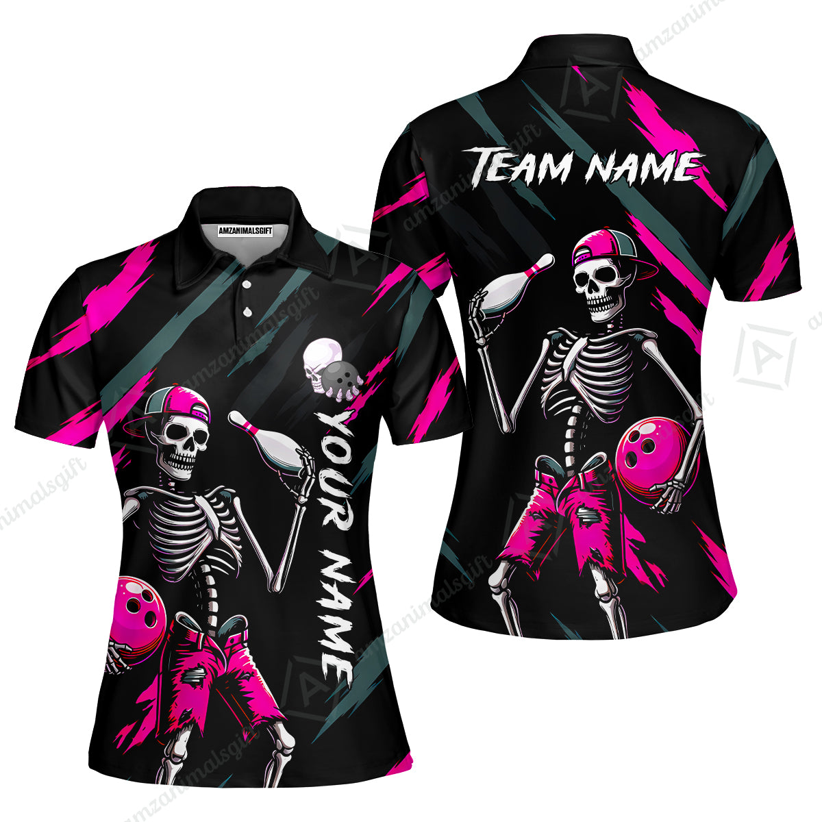 Customized Bowling Shirt, Bad Boy Skeleton Bowler, Personalized Polo Shirt For Players With Name & Team Name