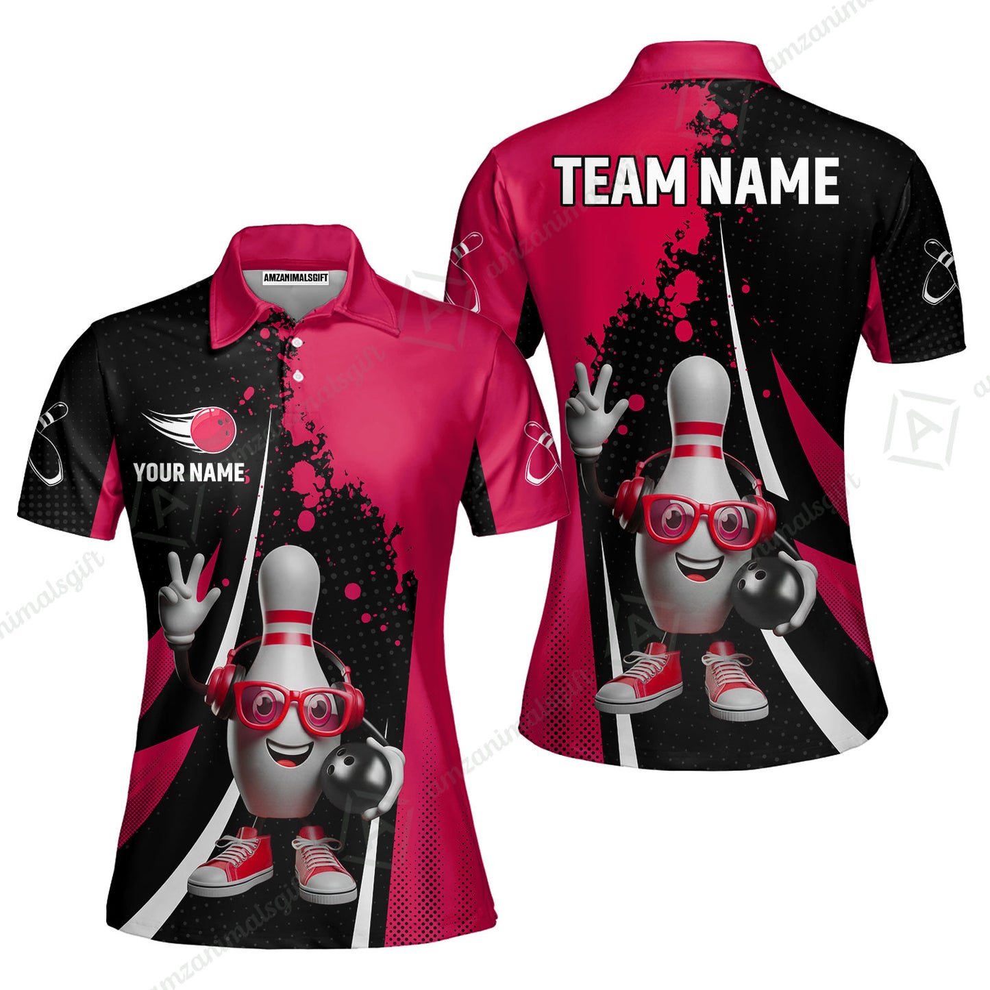 Customized Bowling Unisex Polo Shirt, Halftone Bowling Pin Wearing Headphones Sunglasses, Personalized Name And Team Name