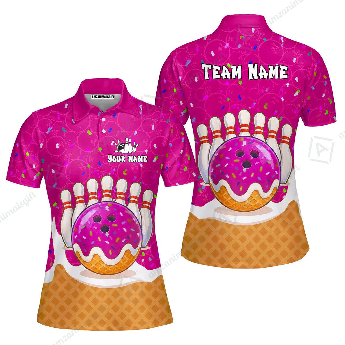 Custom Bowling Jersey Polo Shirt, Bowling Sprinkles Ice Cream Cone, Personalized Name & Team Name